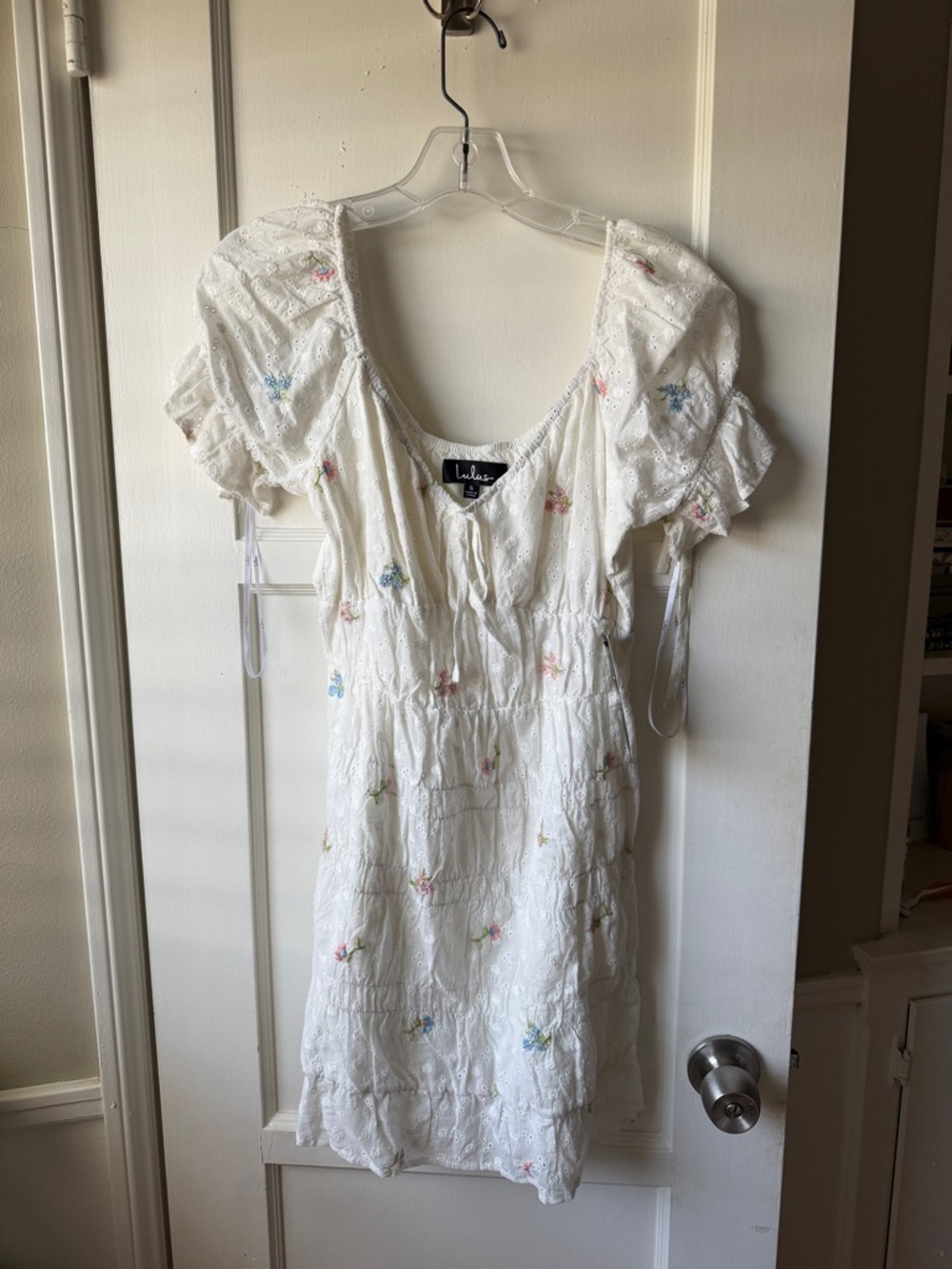 Lulu’s White Eyelet Mini Dress with Pastel Floral Embroidery